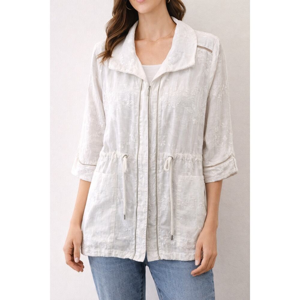 CHICO’S | White Embroidered Button Jacket Top Drawstring Waist | Size 0 Small - Picture 2 of 8